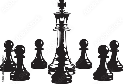 Black chess pieces, king and pawns, strategy game icons, vector graphics
