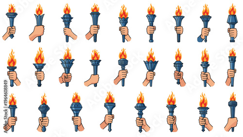 Diverse hands holding flaming torches with bright orange fire on a white background representing sports achievement or competition.