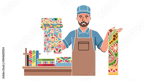 Craftsman with artistic cloth: A craftsman displays artistic fabric design. He is wearing cap and apron and standing behind the counter, showcasing his unique, colorful textile collection