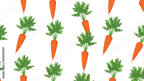 Seamless pattern of fresh orange carrots with vibrant green leaves on a white background for kitchen wallpaper or healthy food theme.