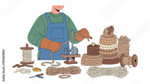 Crafting Craftsmanship: A artisan, immersed in the art of ropemaking, meticulously manipulates the threads and tools of their trade to create intricate cords and coils.
