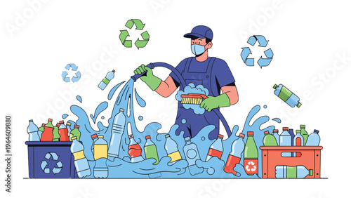 Eco-conscious Sanitation: An individual, clad in protective gear, meticulously cleans plastic bottles amidst the symbolic emblem of environmental preservation.