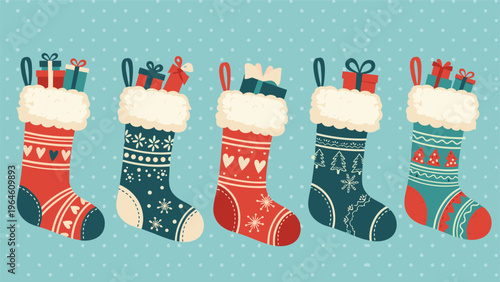 Row of five festive Christmas stockings filled with colorful gifts and presents hanging against a blue polka dot background.