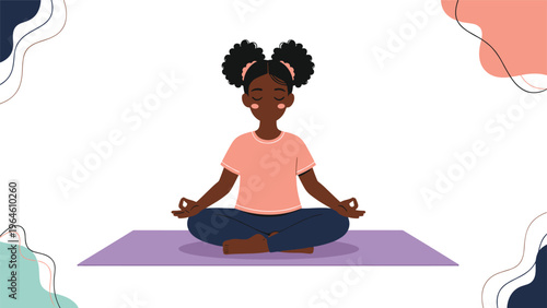 Young girl with dark hair sitting in a meditation pose on a purple yoga mat with a colorful abstract background for mindfulness.