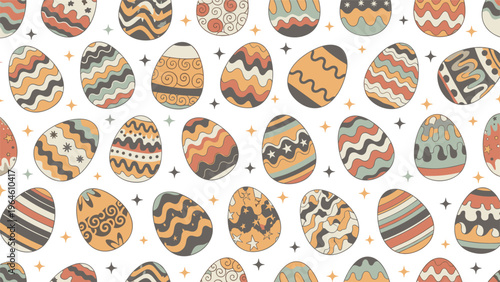Seamless pattern with decorated easter eggs in retro vintage colors and style featuring geometric patterns and stars.