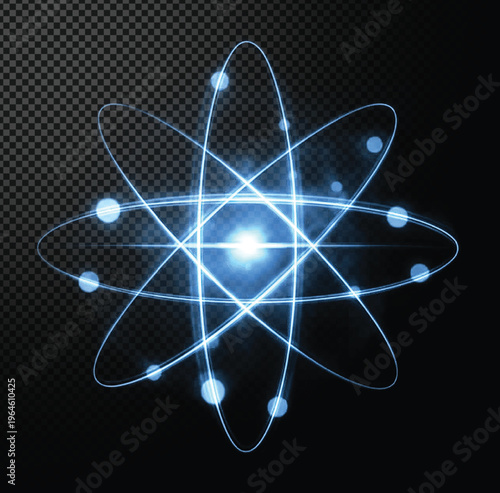 Glowing blue atom isolated on transparent background with electrons orbiting nucleus