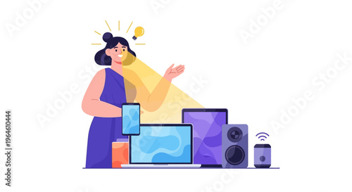 Innovative Woman Illuminating Smart Devices: Digital Connectivity, IoT & Smart Home Technology Concept Illustration