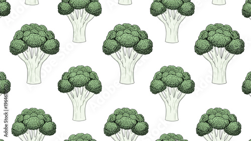 Healthy seamless pattern of fresh green broccoli heads on a white background representing organic vegetables and nutrition.