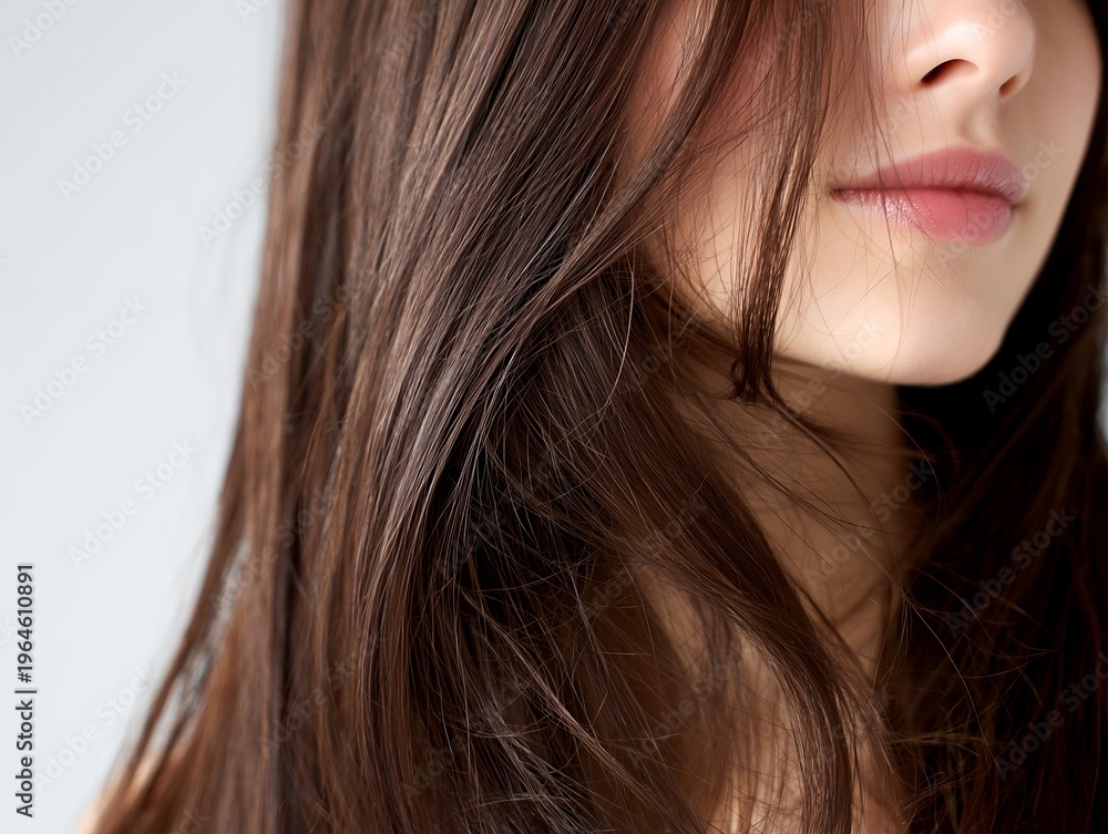 Fototapeta premium 艶やかな茶髪のロングヘアが美しく口元に微笑みを浮かべる清潔感のある女性のクローズアップ
