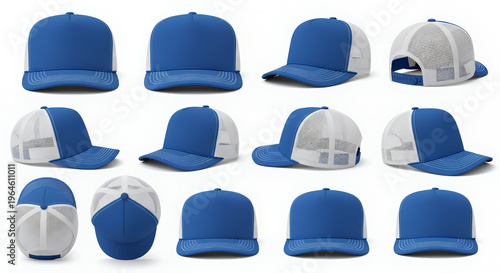 Set of blue and white trucker cap hat mockup template collection various angle isolated cut out object hat mockup mockup cap hat template fashion clothing baseball front sport isolated blank