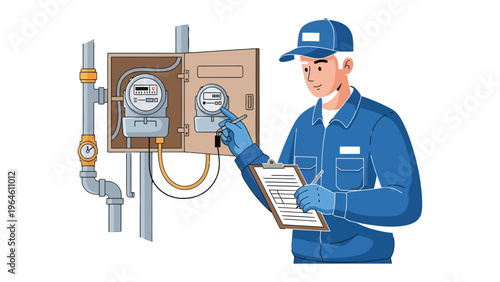 Expert Meter Reader: An experienced service professional meticulously inspects utility meters, ensuring accuracy and efficiency in energy management and recording details.
