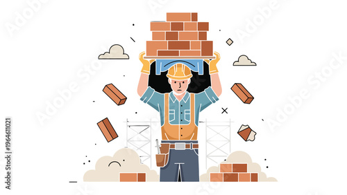 Burden of Construction: A construction worker bears the weight of progress, carrying a load of bricks towards an unseen goal with unwavering determination.