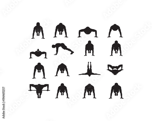 A collection of sixteen black silhouette of male figures performing various push-up and plank exercises in different positions