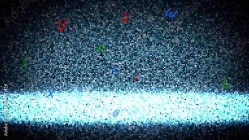 Signal glitching, monitor shifting cyan scanline bands on CRT, showing scattered colored letters
