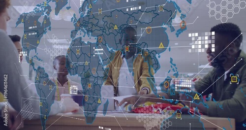 Vertical video: Lead in yellow coat guiding fashion, gesturing papers causing data map over hands