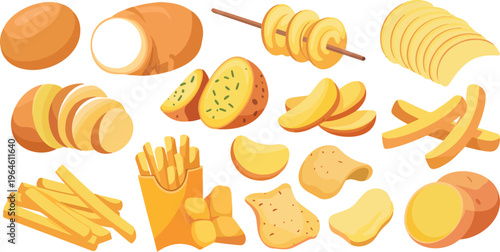 Potato dish vector set featuring French fries, rustic mash potatoes, chips and sliced potato snacks for street food meal illustration