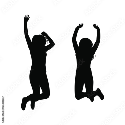 Two black silhouettes of people jumping up in the air with arms raised