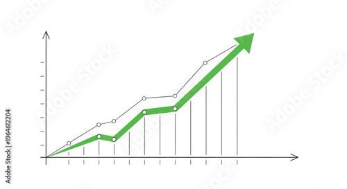 Green upward arrow graph showing positive growth and increasing progress over time, business finance success and development chart illustration.