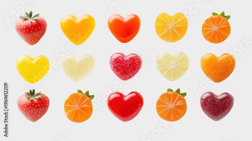 A colorful arrangement of heart-shaped candies and fruits on transparent background