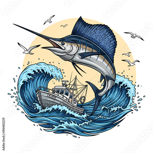Sailfish leaping over fishing boat in ocean waves vintage woodcut style with seagulls and sunset