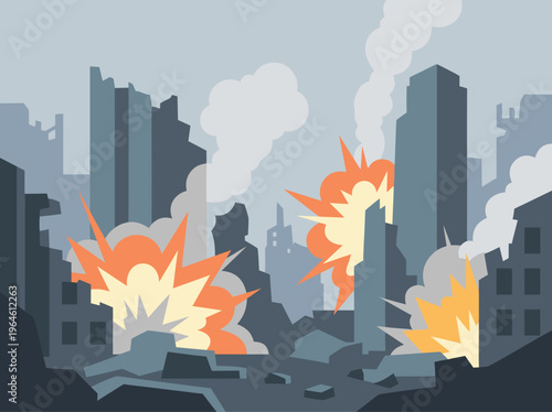 Cityscape Destroyed by Explosions and Bombings.