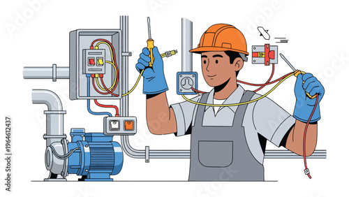 Electrician at Work: A skilled electrician diligently works on a complex electrical panel, embodying expertise and precision in the realm of power and infrastructure.