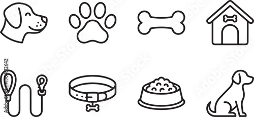 Dog related icons including dog head paw bone house food bowl and grooming tools