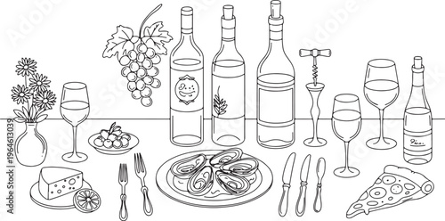 Gourmet Fine Dining and Wine Tasting Line Art Illustration - Vector Set of Wine Bottles, Seafood, Cheese, Pizza, and Table Setting.
