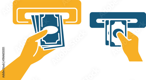 Hand Withdrawing Cash from ATM Slot, Banking and Currency Concept Vector Illustration