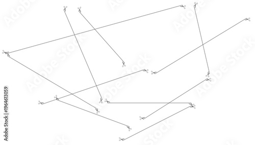 Grey scissors connected by thin straight lines forming a scattered geometric pattern on white background