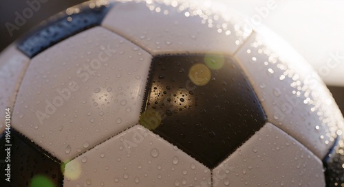 Soccer ball with water droplets resting on a surface under soft sunlight in an outdoor setting