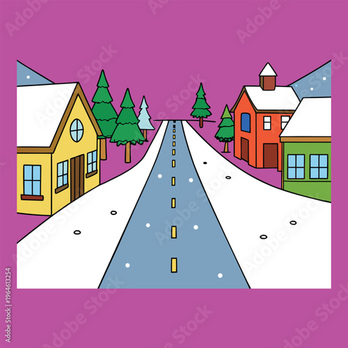 A quiet town street blanketed in fresh winter snow, lined with cozy houses and glowing streetlights. Frosty air, soft footsteps, and a peaceful hush create a calm, magical scene.
