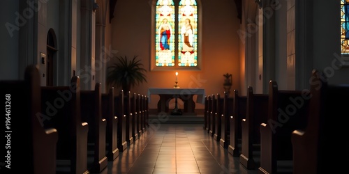 Church sanctuary with rows of wooden pews, altar, and stained glass window illuminated by candlelight, interior design, religious building, worship service