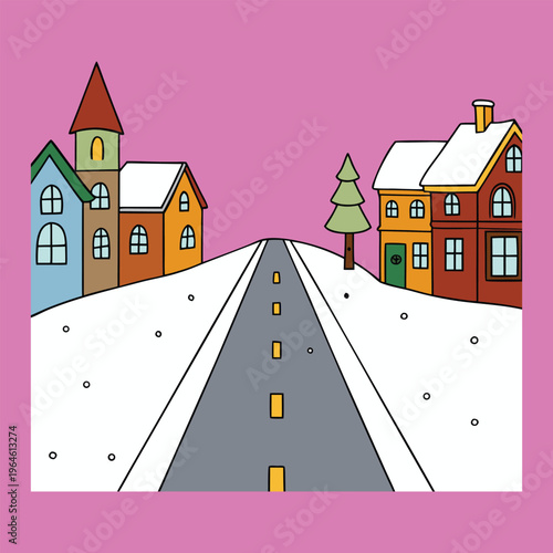 A quiet town street blanketed in fresh winter snow, lined with cozy houses and glowing streetlights. Frosty air, soft footsteps, and a peaceful hush create a calm, magical scene.
