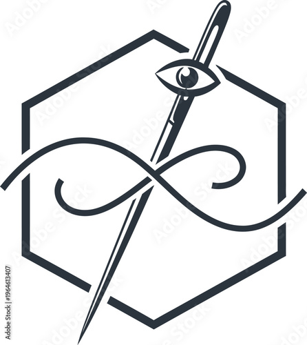 Needle with Eye and Thread on Hexagon Shape, Sewing and Craft Symbol