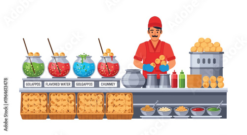A cartoon illustration of a street food vendor preparing Golgappas at his colorful stall with various ingredients and drinks