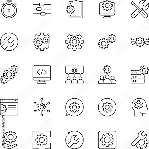 Settings configuration development line icon set gear wrench computer server
