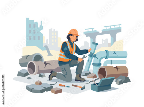 Construction worker repairing pipes at a damaged site.