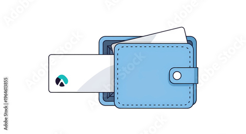 Vector illustration of a light blue wallet with a card being inserted and another card peeking out, representing financial services and secure transactions in business, finance and technology.