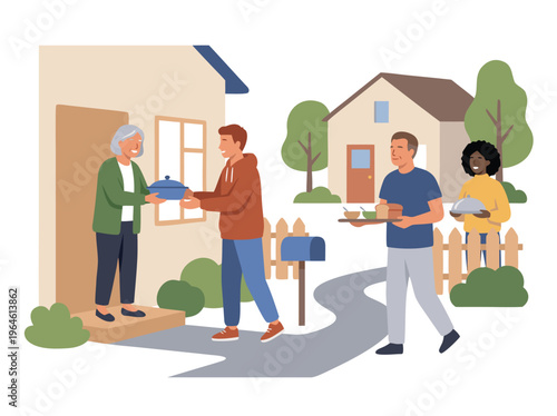 Community volunteers deliver meals to elderly woman at home.