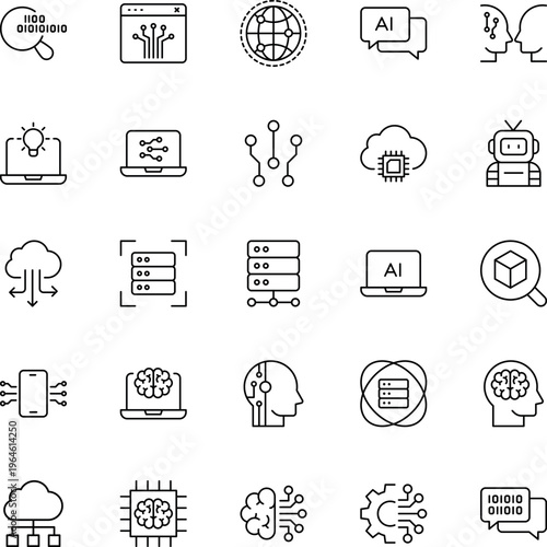 Artificial Intelligence Line icon set brain robot cloud server