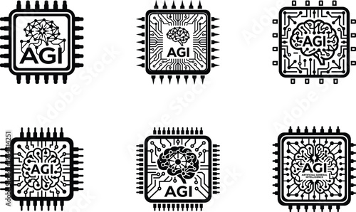 Six icons of artificial general intelligence within chip outlines on transparent background