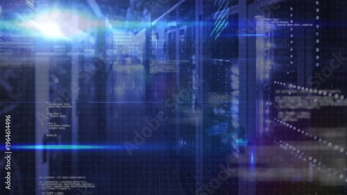 At start code overlay rising, camera gliding down server rack aisle while HUD building analytics