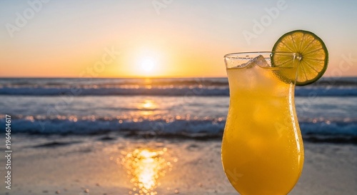 Sunset view with a cocktail glass on the beach during evening hours at the shore, waves in the background, and vibrant colors in the sky