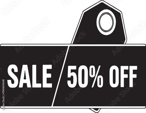 Sale Announcement: A striking, minimalistic sale tag announces a 50% discount. Perfect for illustrating special offers, promotions, and retail savings.
