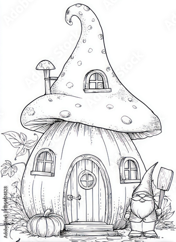Cute pumpkin house with gnome character coloring page illustration