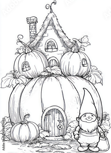 Cute pumpkin house with gnome character coloring page illustration