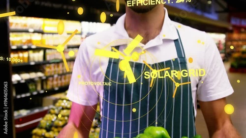 Grocery clerk holding crate of peppers, activating yellow HUD orbiting chest showing SOLAR GRID 24%