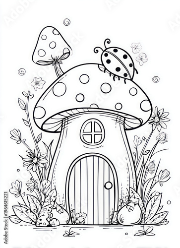 Cute mushroom house illustration with ladybugs and garden plants