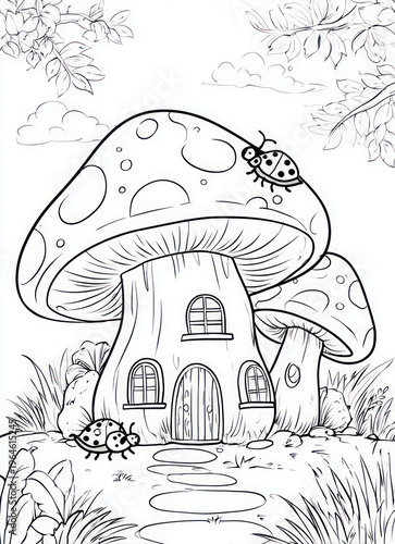 Cute mushroom house illustration with ladybugs and garden plants